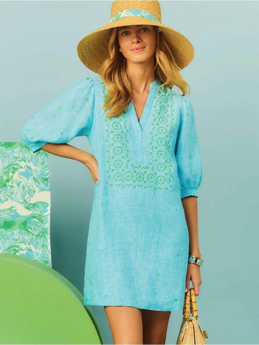Lilly Pulitzer Mialeigh Light Blue Linen Mini Dress with Lime Green Embroidery